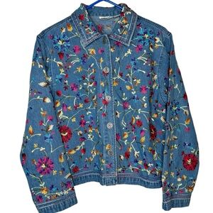 Vintage Chicos Design Floral Embroidered Jean Jacket Metal Buttons Size M EUC